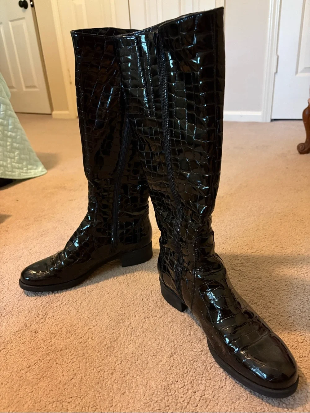 La CANADIENNE Black Patent Croc-Embossed Knee Boots